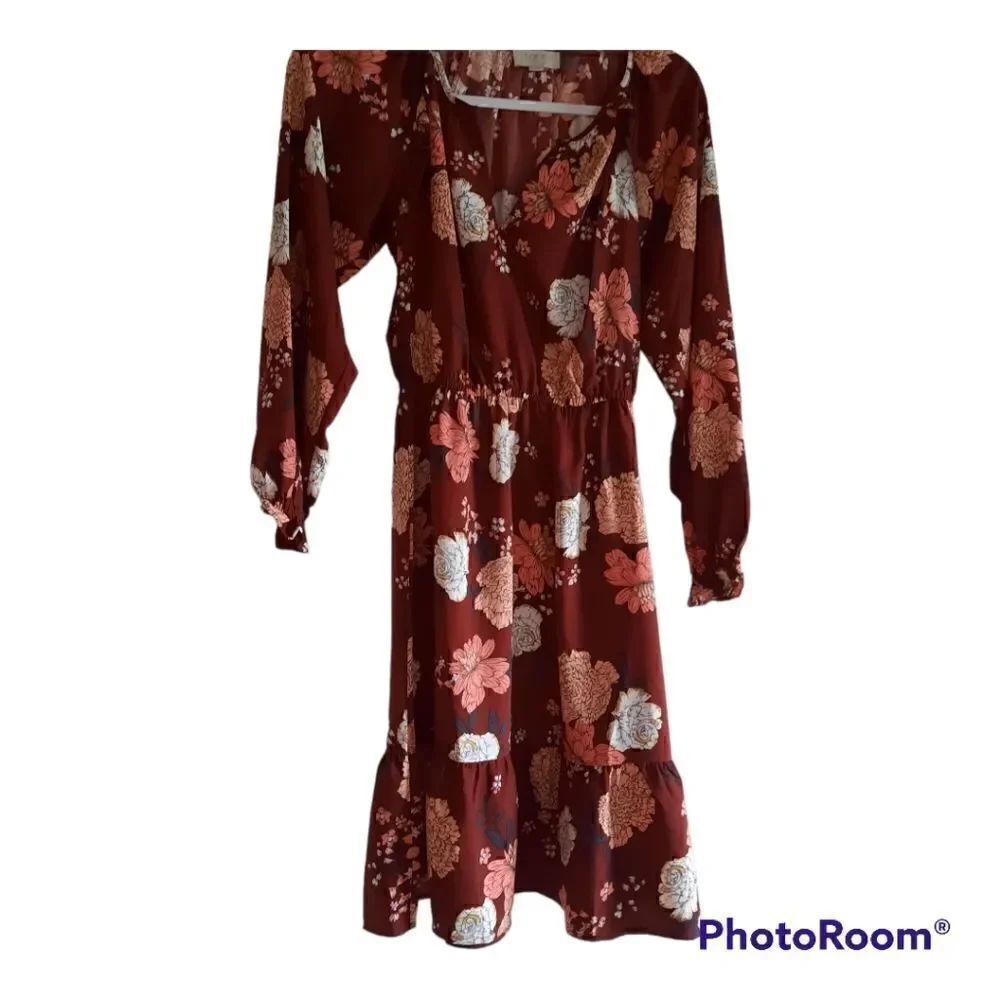 LOFT Outlet Petite Dress Maroon Floral Long Sleeve Ruffle